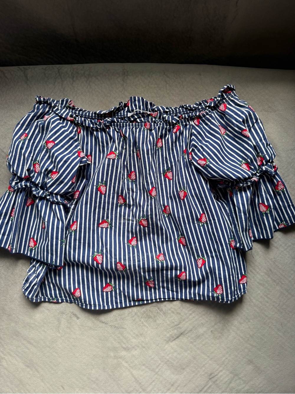 Women’s Blue Striped Off-Shoulder Top with Strawberry Print